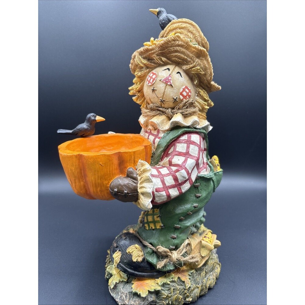 Vintage Cute Scarecrow w/ Pumpkin Candy Dish & Crows